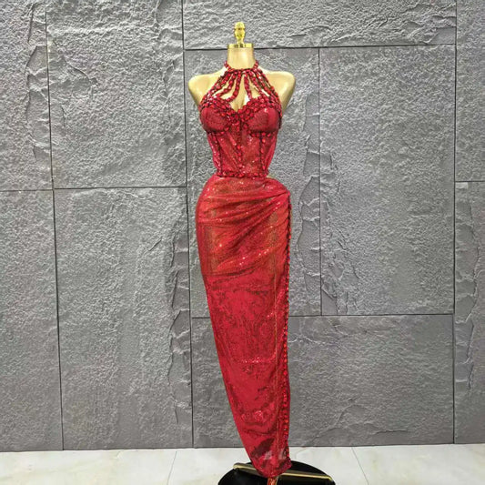 Red Color Women Sexy Off the Shoulder Shinning Crystal 2 Pieces Bodycon Long Dress Celebrate Birthday Party Nigtclub Outfit Red
