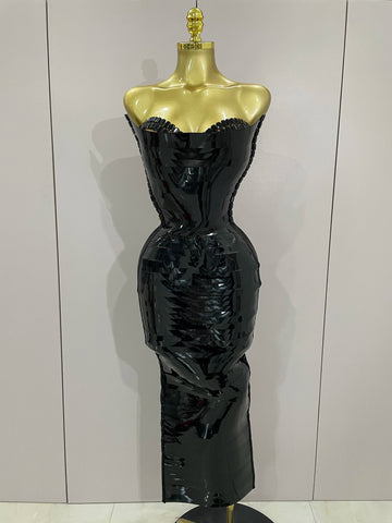 Black Shiny Sequin Sexy Chest Wrapped Dress Women Fashion Eveing Celebrate Birthday Party Stage Costume black