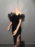 High Quality Women Slash Neck Ruffles Bodycon Bandage Mid-calf Dress Celebrate Nightclub Party Birthday Outfit Wholesale