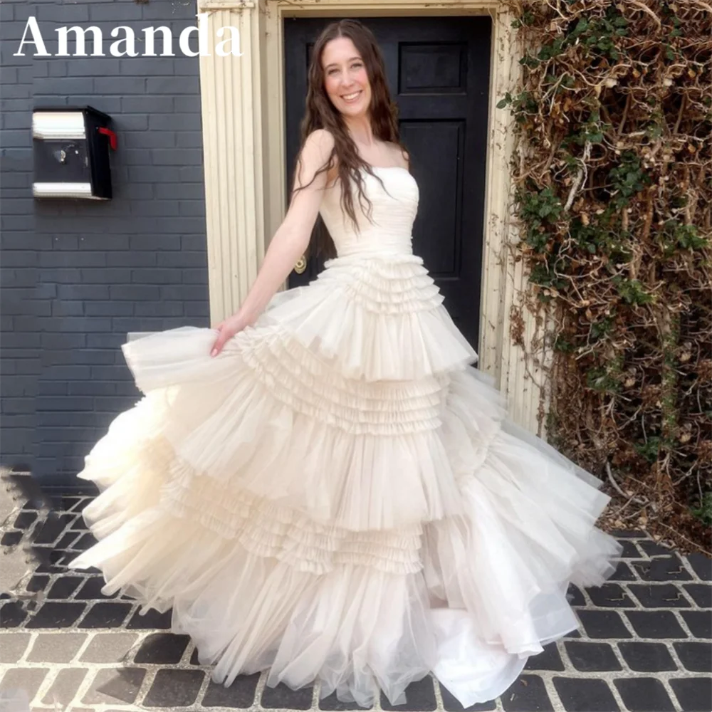 Amanda Gentle Strapless A-line Prom Dress Sexy Side Split فساتين السهرة Luxury Shiny Ivory Multilayer Vestidos De Noche
