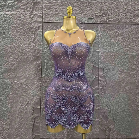 Purple Color Women Sexy Sleeveless Shinning Dimonds Bodycon Mini Dress Mesh See Through Celebrate Birthday Party Stage Wear