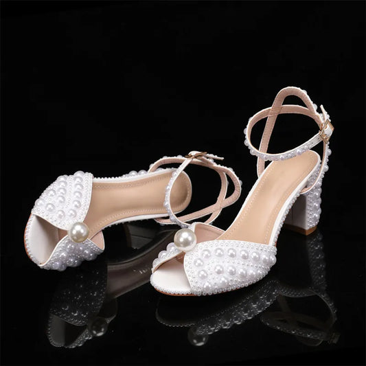 Summer Luxury Pearl Peep toe Thick Heeled Women Gladiator Sandals Fashion Beaded High heels Wedding Banquet Prom Shoes Sandalias