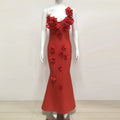 Sexy Backless Flower Women Evening Bandage Maxi Dress Folds V-Neck One shoulder Elegant Mermaid Matching Banquet Prom Bodycon Red