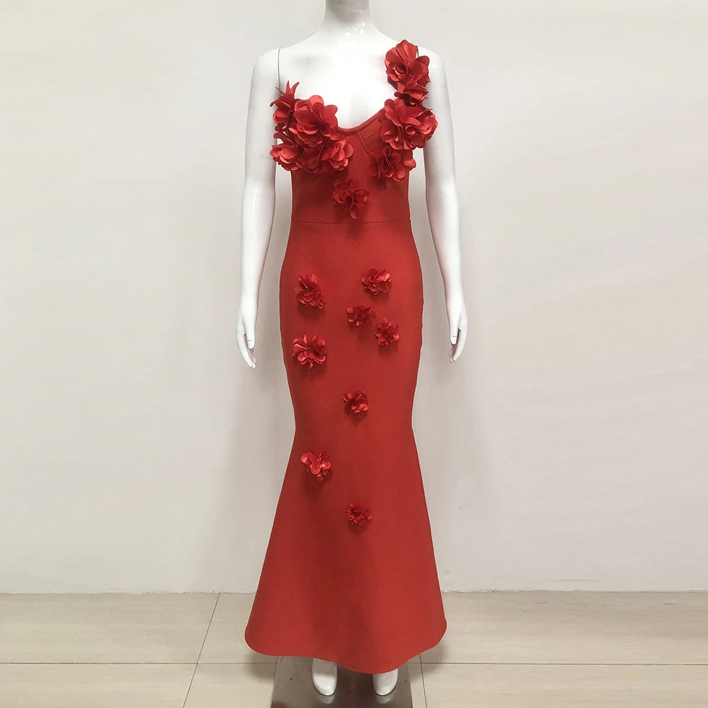 Sexy Backless Flower Women Evening Bandage Maxi Dress Folds V-Neck One shoulder Elegant Mermaid Matching Banquet Prom Bodycon Red
