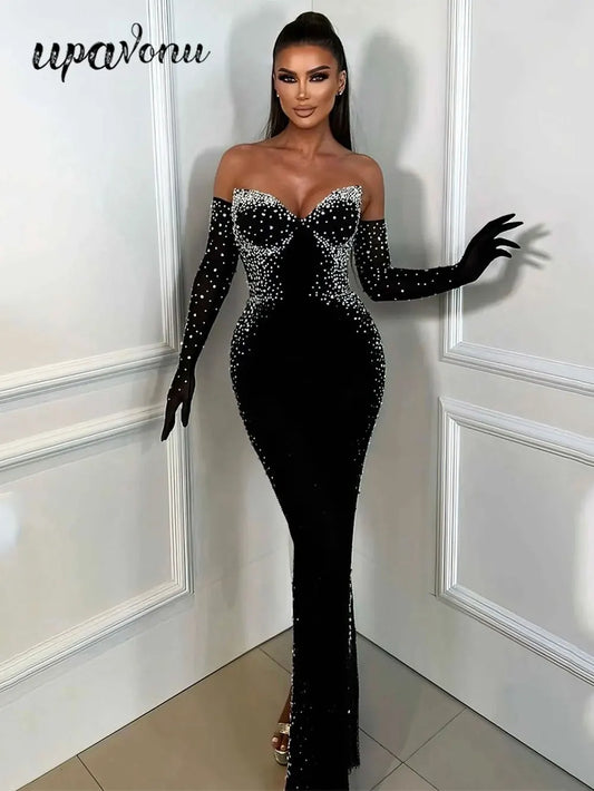 Women Light Luxury Beaded Velvet Dress+Thin Gauntlet Gloves Fashion Bodycon Bareback Sexy Long Dress Evening Party Vestidos
