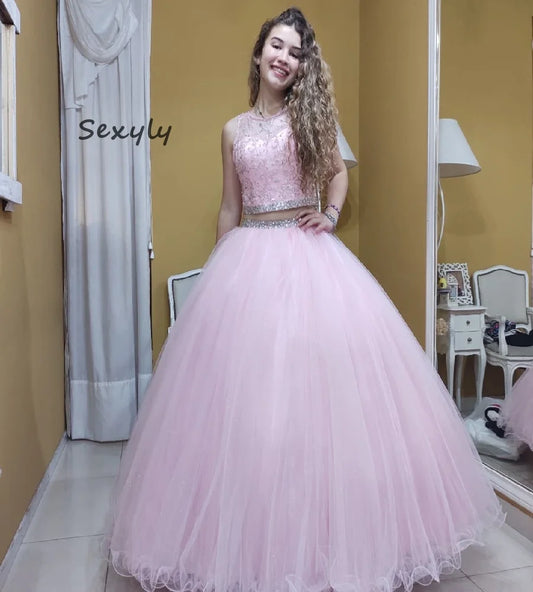 Princess Pink Quinceanera Dresses With Beaded Crystal Two Pieces A Line Sweet 16 Dress Tulle Vestidos De 15 Años PartyCustomized Pink