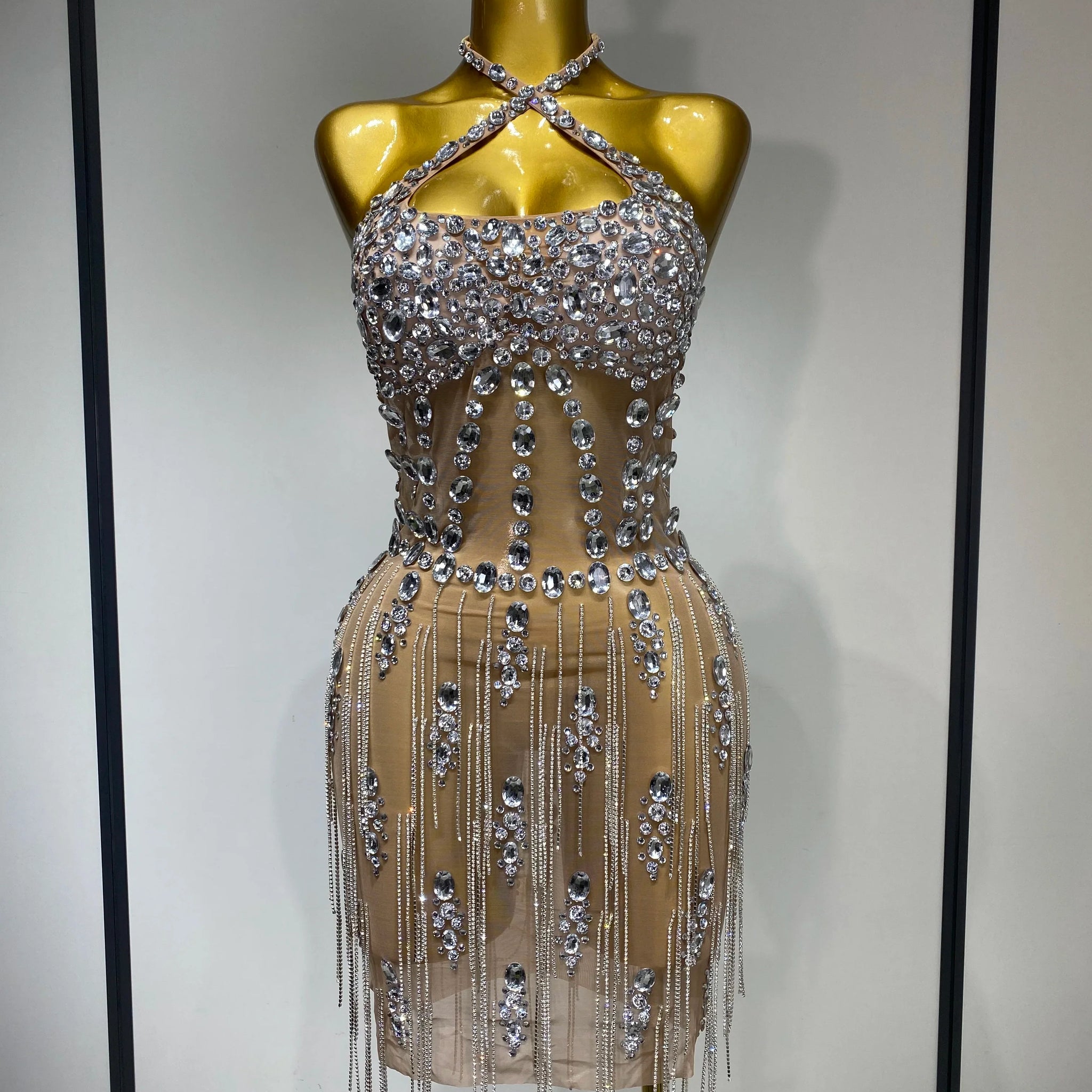 Luxury Rhinestone Evening Party Dress Women Sexy Halter See Through Mesh Luxury Birthday Gowns Nightclub Singer Stage Outfit Beige