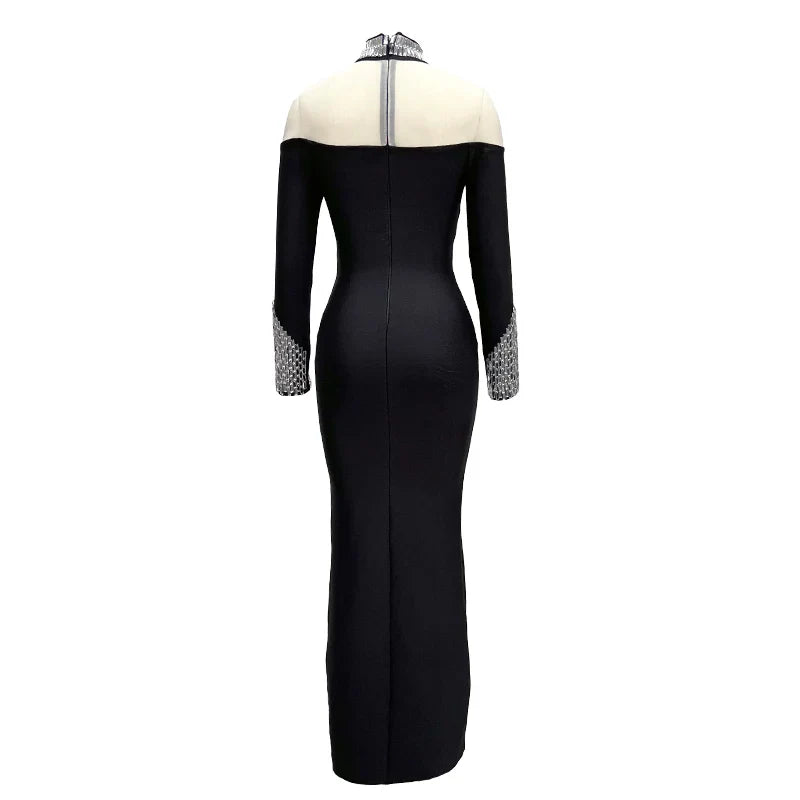 Fashion Sexy European And American Women Long Sleeve Black Sexy Round High Neck Color Long Sleeve Diamond Decoration Slim Dress