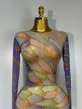 Sparkly Rhinestone Stretchy Mesh See Through Dress Women Performance Dancer Costume Luxury Birthday Nightclub Stage Outfit