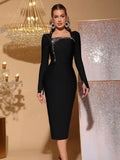 Women Autumn Sexy Long Sleeve Diamond Crystal Black Midi Bodycon Bandage Dress Elegant Party Performance Vestidos