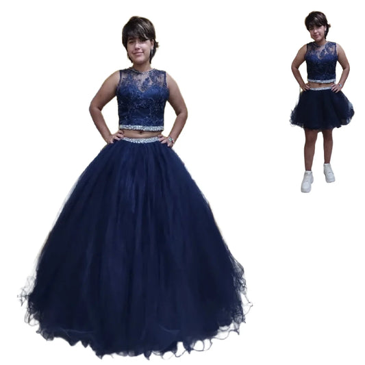 Classic Navy Blue Quinceanera Dresses 2 Pieces Tulle Beaded Vestidos De 15 Años Sweet 16 Dress Lace A Line Prom Gown Customized PURPLE