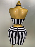Women Celebrity Sexy Jacquard Black White Two Piece Bodycon Striped Bandage Skirt Set Designer Evening Party Dress