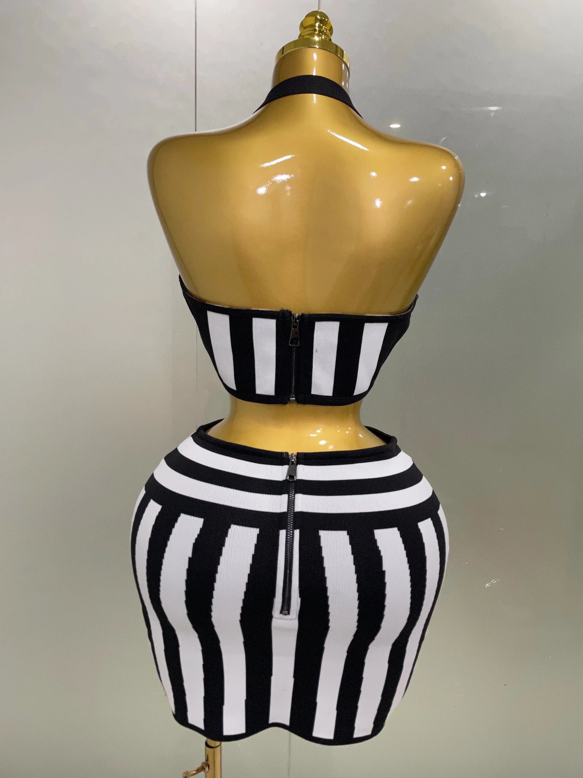 Women Celebrity Sexy Jacquard Black White Two Piece Bodycon Striped Bandage Skirt Set Designer Evening Party Dress