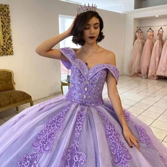 Lavender Off-Shoulder Quinceanera Dresses Vestidos De 15 Anos Beading Crystal Cinderella 16 Princess Gowns Corset