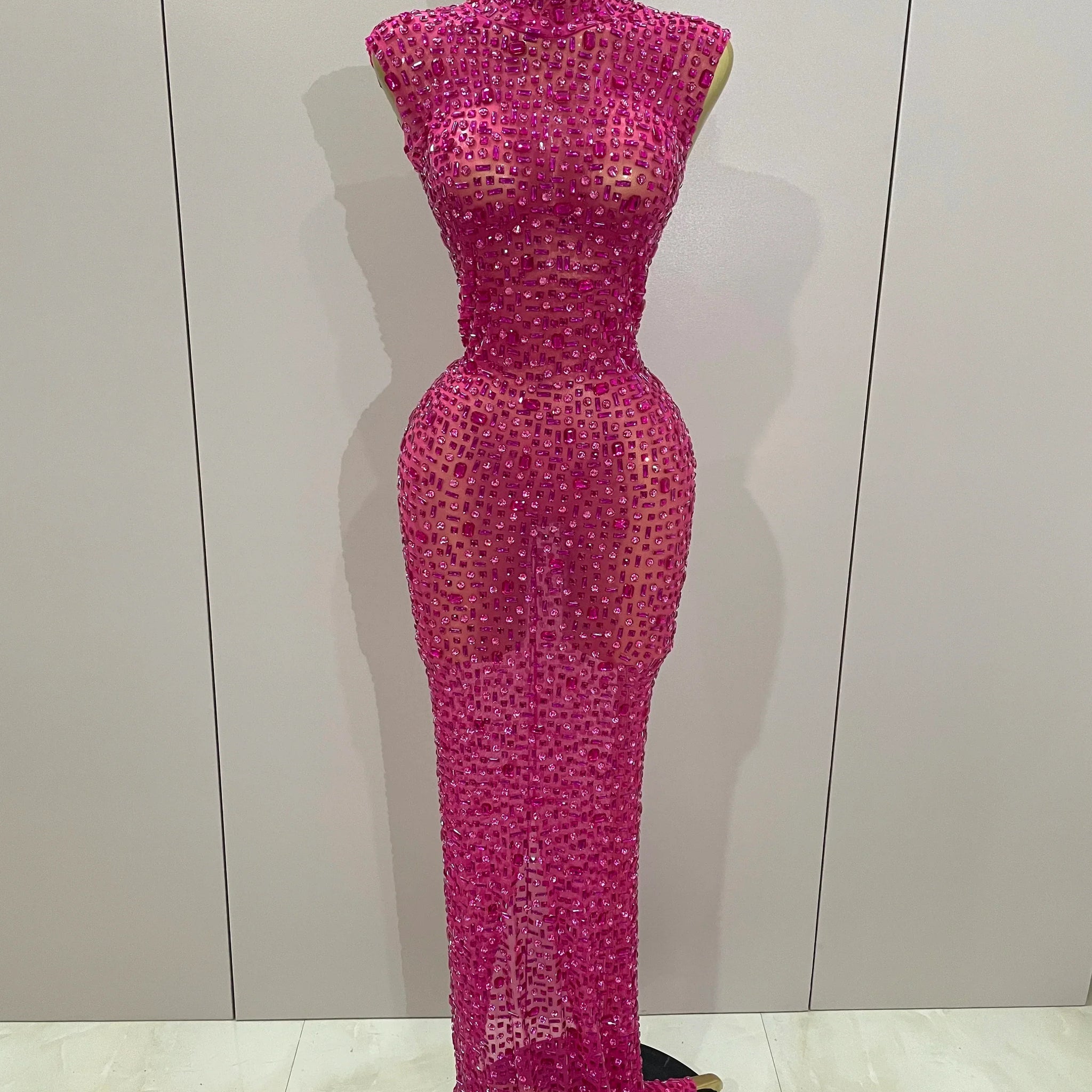 Sexy Sparkly Crystal Diamonds Mesh See Through Long Dress Women Elegant Party Costume Singer Stage Performance Outfit Rose Red