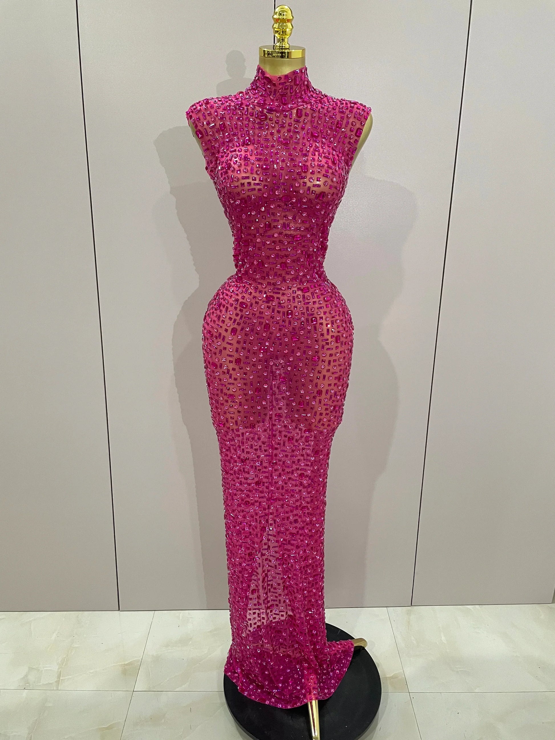 Sexy Sparkly Crystal Diamonds Mesh See Through Long Dress Women Elegant Party Costume Singer Stage Performance Outfit Rose Red