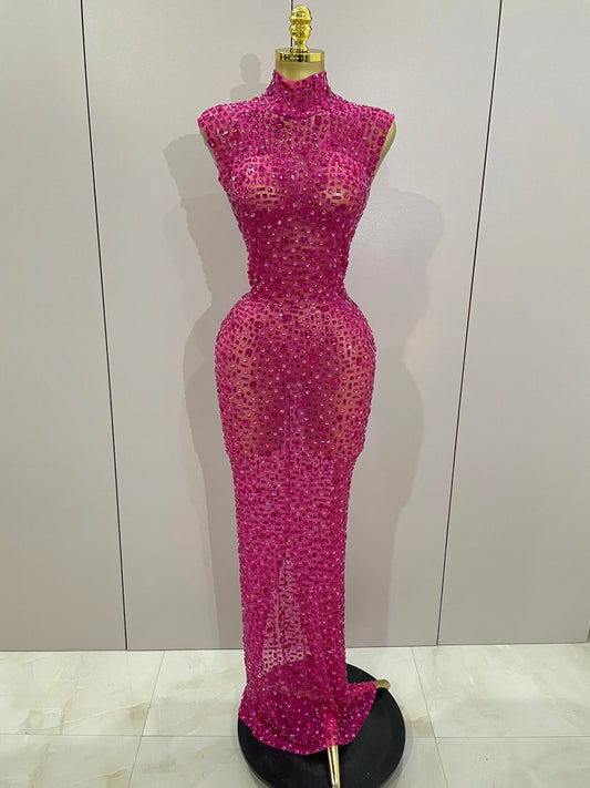 Sexy Sparkly Crystal Diamonds Mesh See Through Long Dress Women Elegant Party Costume Singer Stage Performance Outfit Rose Red