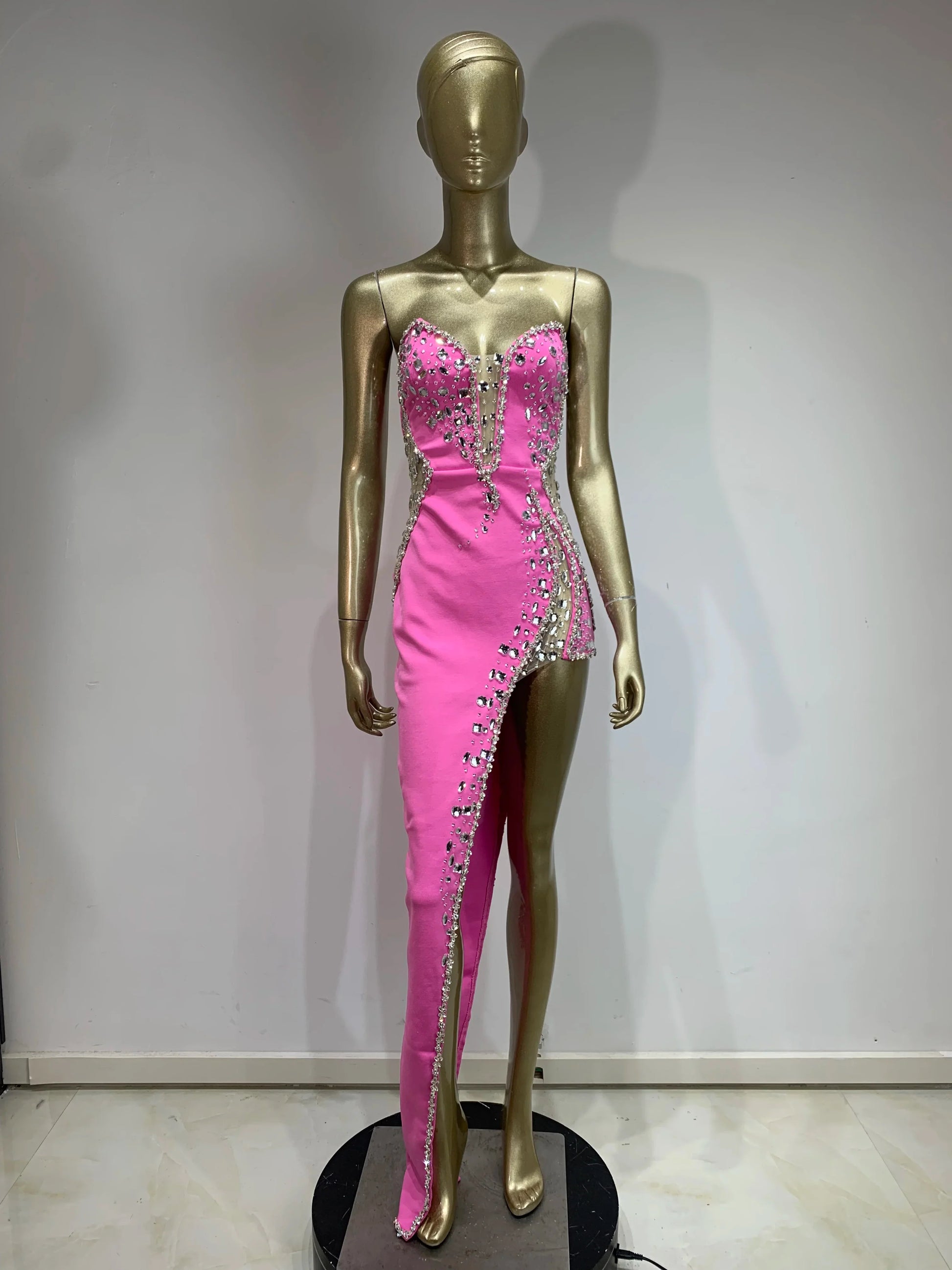 Women Sexy Strapless Shinning Rhinestones Bodycon Bandage Long Dress Fashion Celebrate Evening Party Vestido Pink