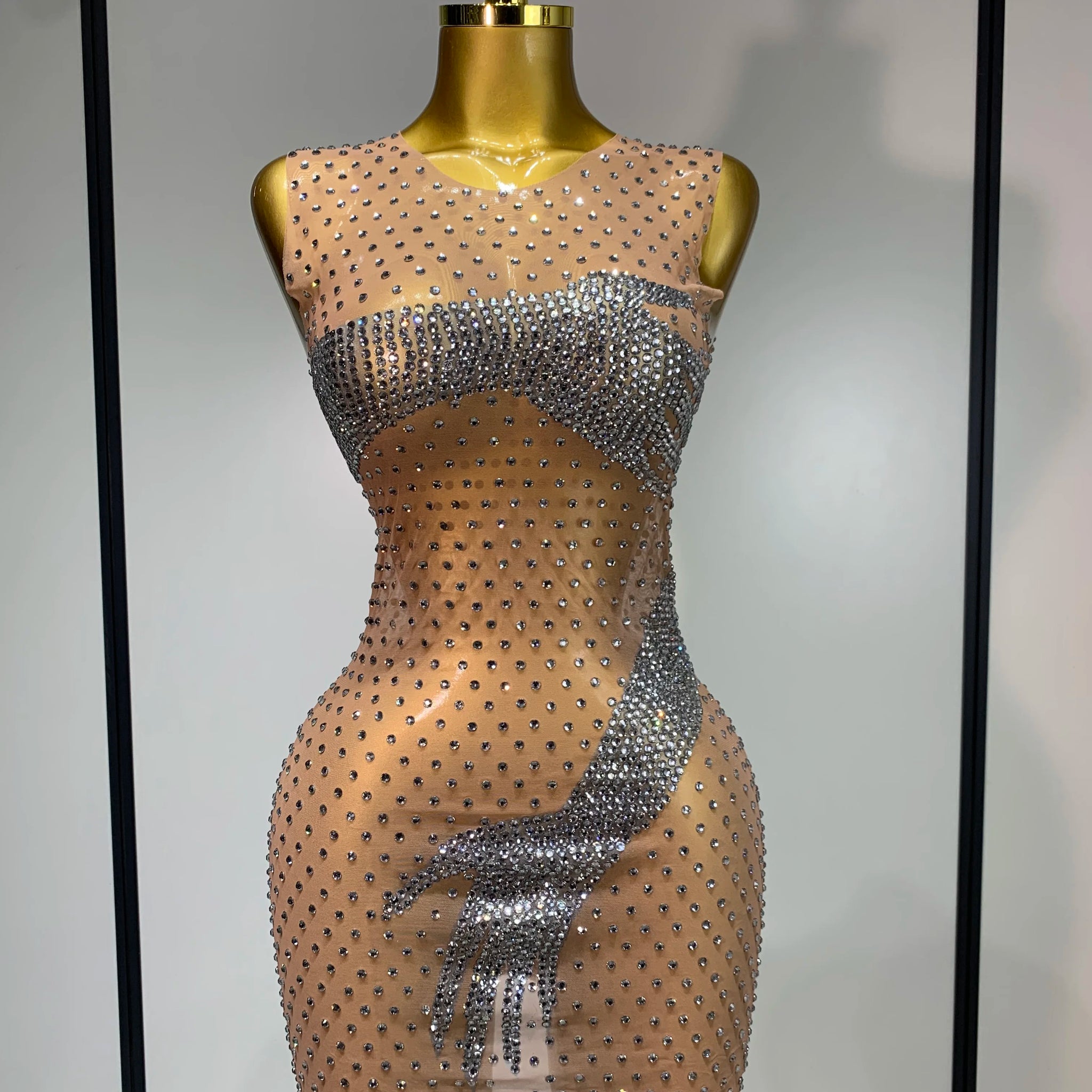 Sexy Sparkly Diamonds Mesh Transparent Stretch Mini Dress Women Evening Party Luxury Birthday Nigthclub Stage Performance Outfit Khaki