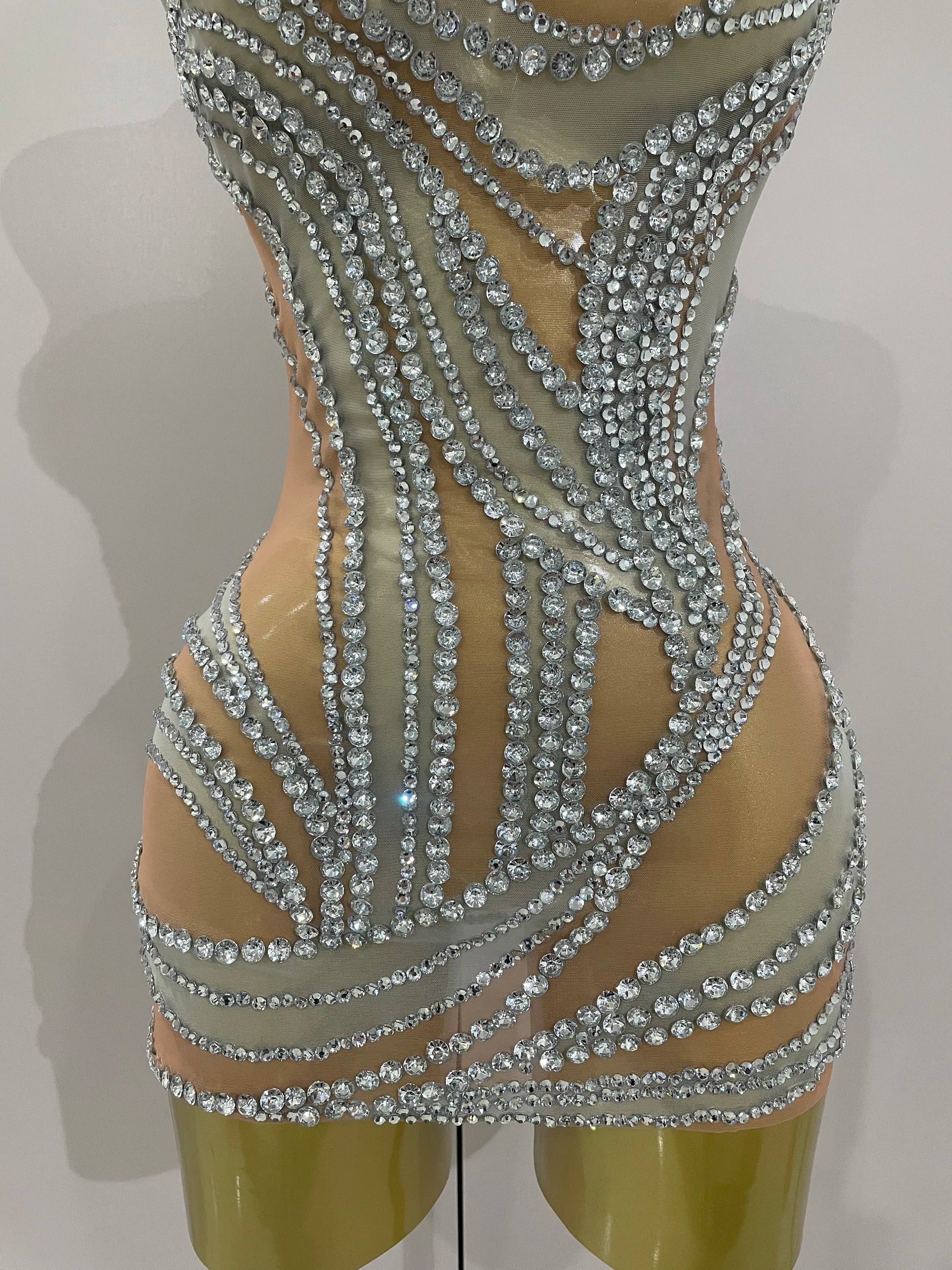 Luxury Sparkly Crystals See Through Mini Dress Women Celebrate Birthday Party Gowns Singer Performance Stretch Stage Costume