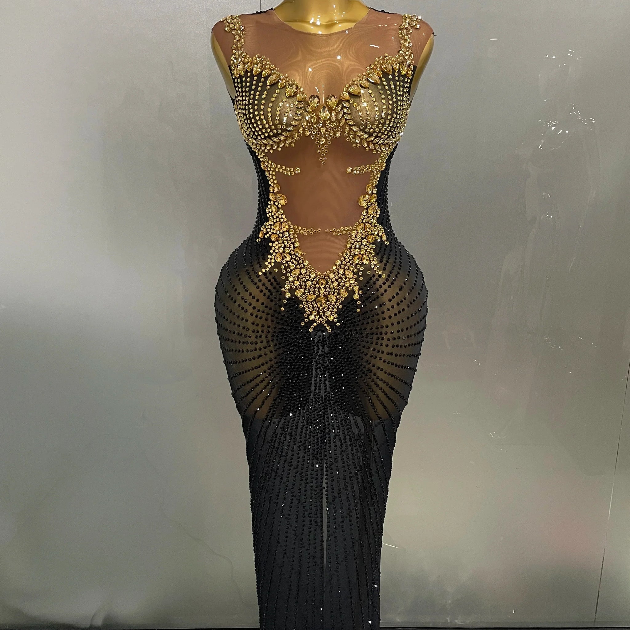 Sexy Sparkly Rhinestones Sleeveless Long Dress Women Birthday Celebrate Evening Photo Shoot Stage Performance Costume black