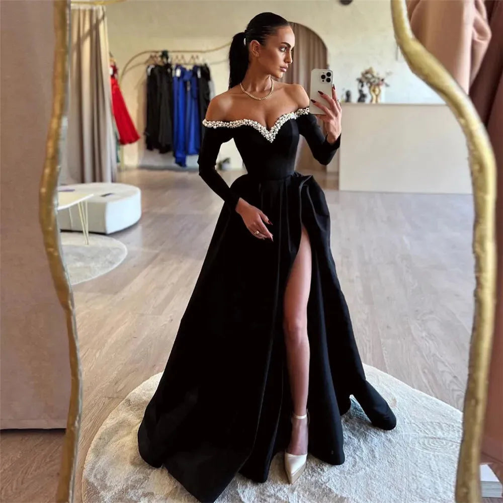 Elegant Black Prom Dresses A-Line Satin Off The Shoulder Long Sleeves