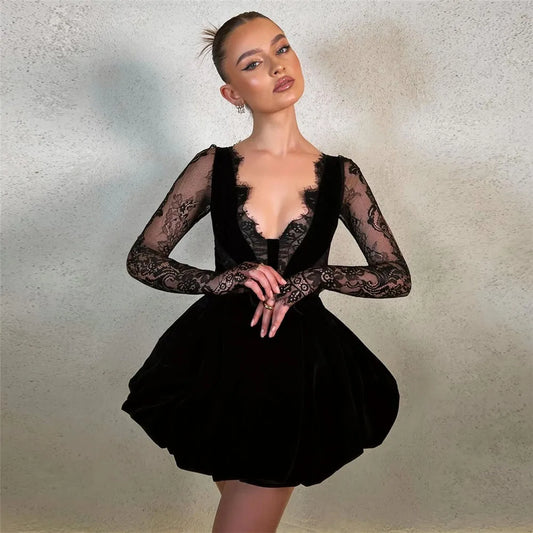 Fashion Satin Prom Dresses V-Neck Long Lace Sleeves Ruched Above Knee Homecoming Dresses vestidos de graduación Black