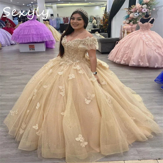 Princess Champagne Quinceanera Dress With Butterfly Spakle Ball Gown Prom Dresses Birthday Party Vestidos 15 Xv Sweet Customized