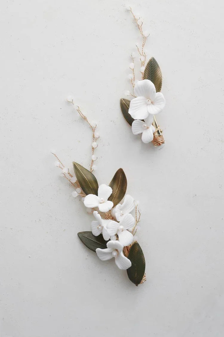 Wedding Accessories Vintage Gold Color Hair Clip Pin Pearl Hairpin For Brides Leaf Porcelain flower Head Piece Bridal Jewelry