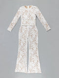 Women'S Light Luxury Sequin Patchwork Bandage Jumpsuit O-Neck Long Sleeved Waistband Flared Jumpsuit Pants Party Jumpsuit