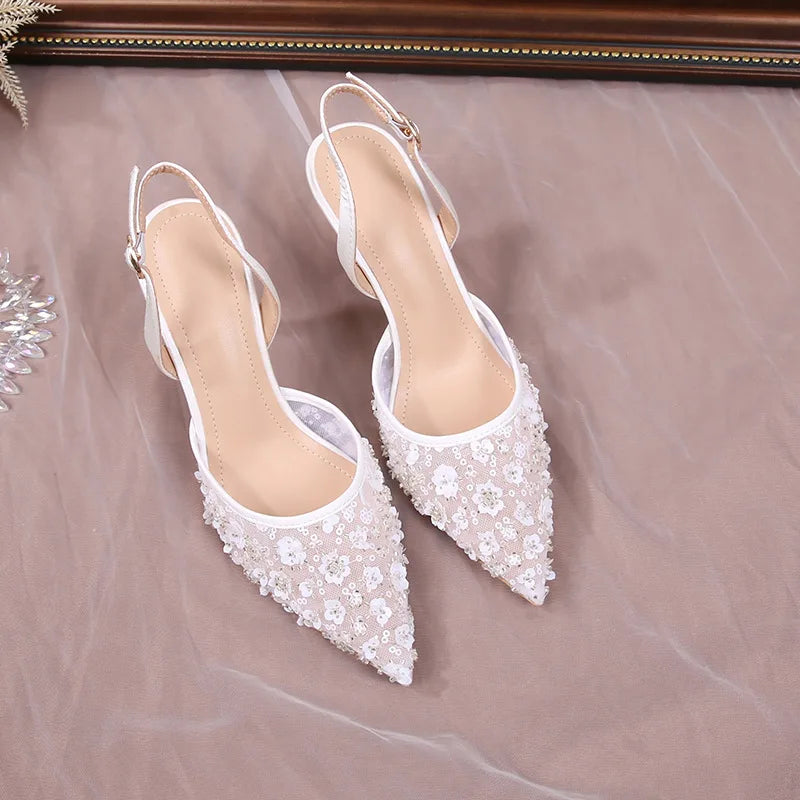Fashion Sequined Lace Flowers Women Pumps Elegant Pointed toe Satin Wedding Thin High heels Summer Female Party Bridal Shoes White 6.5cm