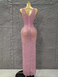 Handmake Top Quality Women Sleeveless Sexy O-Neck Mesh See Through Full Crystal Bodycon Long Dress Birthday Party Stage Wear