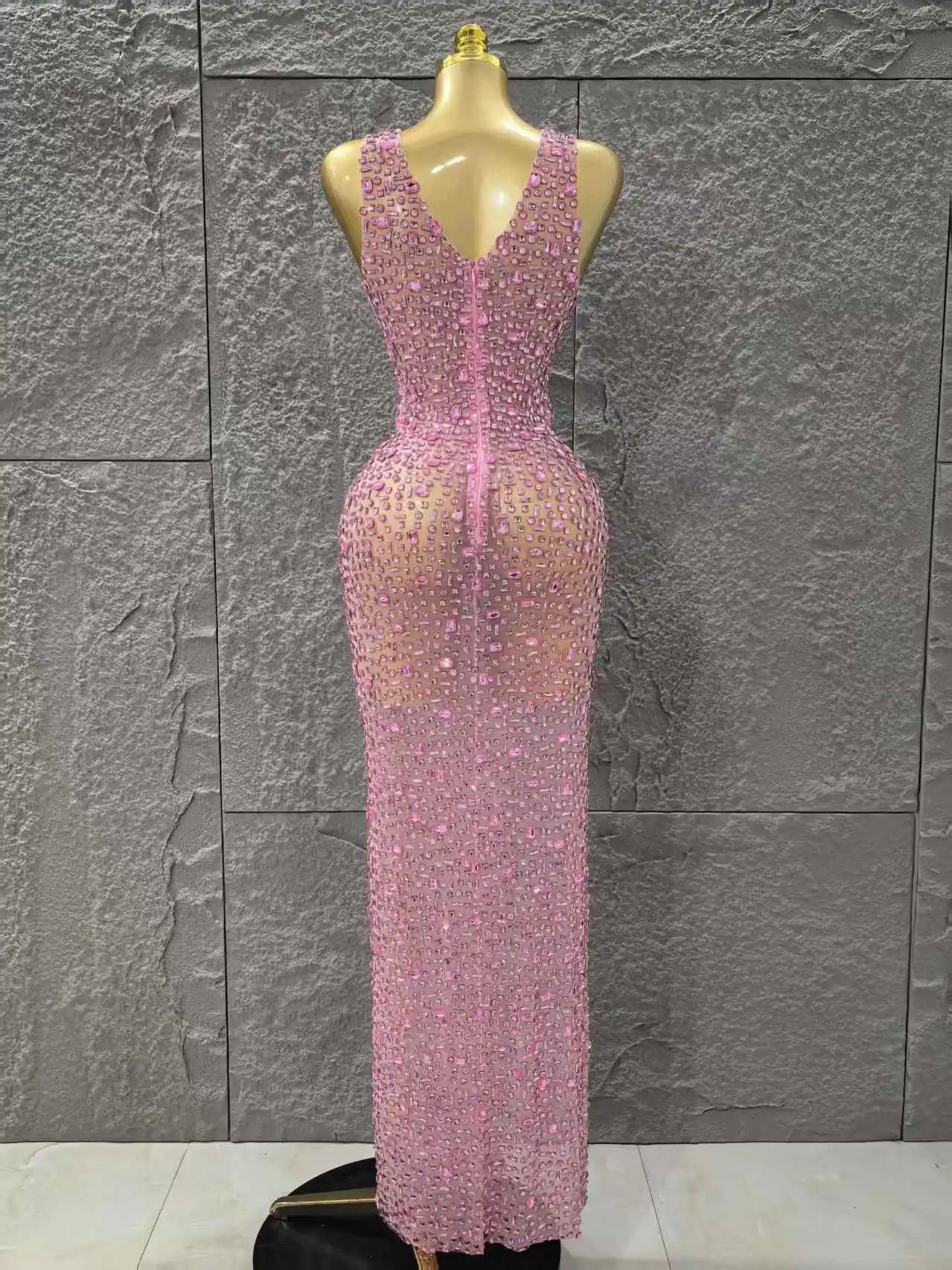 Handmake Top Quality Women Sleeveless Sexy O-Neck Mesh See Through Full Crystal Bodycon Long Dress Birthday Party Stage Wear