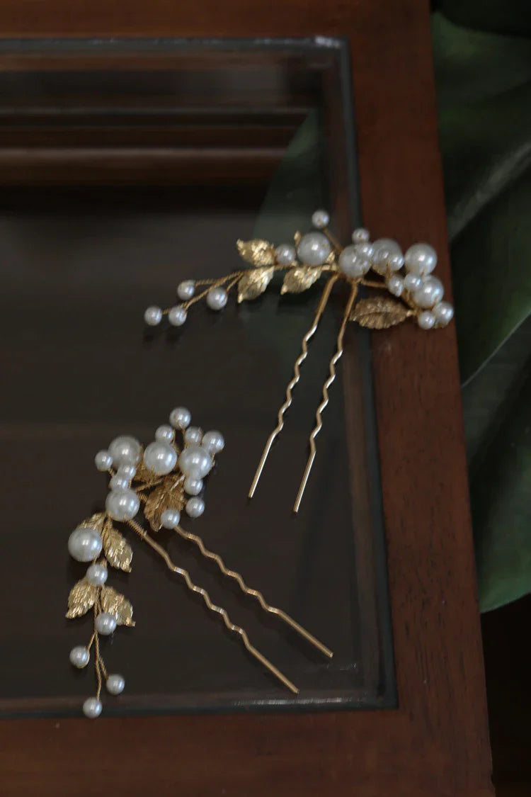 Wedding Accessories Pearl Head Piece Gold Silver Color Hair Pins Clips For Bridesmaids Brides Women Leaf Hairpins Bridal Jewelry gold color