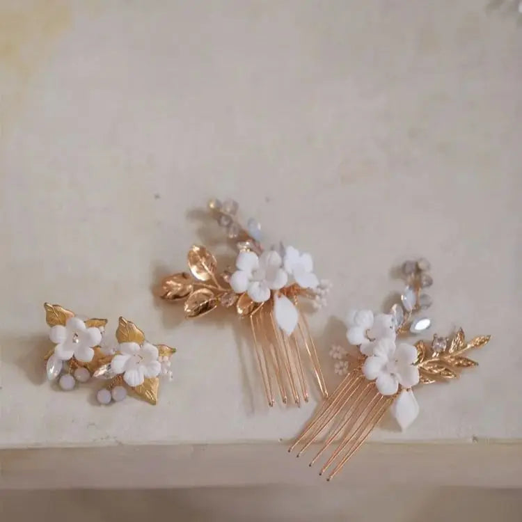 Porcelain Flower Hair Comb Pin Clip Leaf Head Piece For Brides Bridesmaids Crystal Hairpins Wedding Accessories Bridal Jewelry