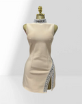 Summer Super shining Diamonds O-neck Sleeveless Bandage Mini Dress Fashion Woman Birthday Party Dress Music Festival Outfit Beige
