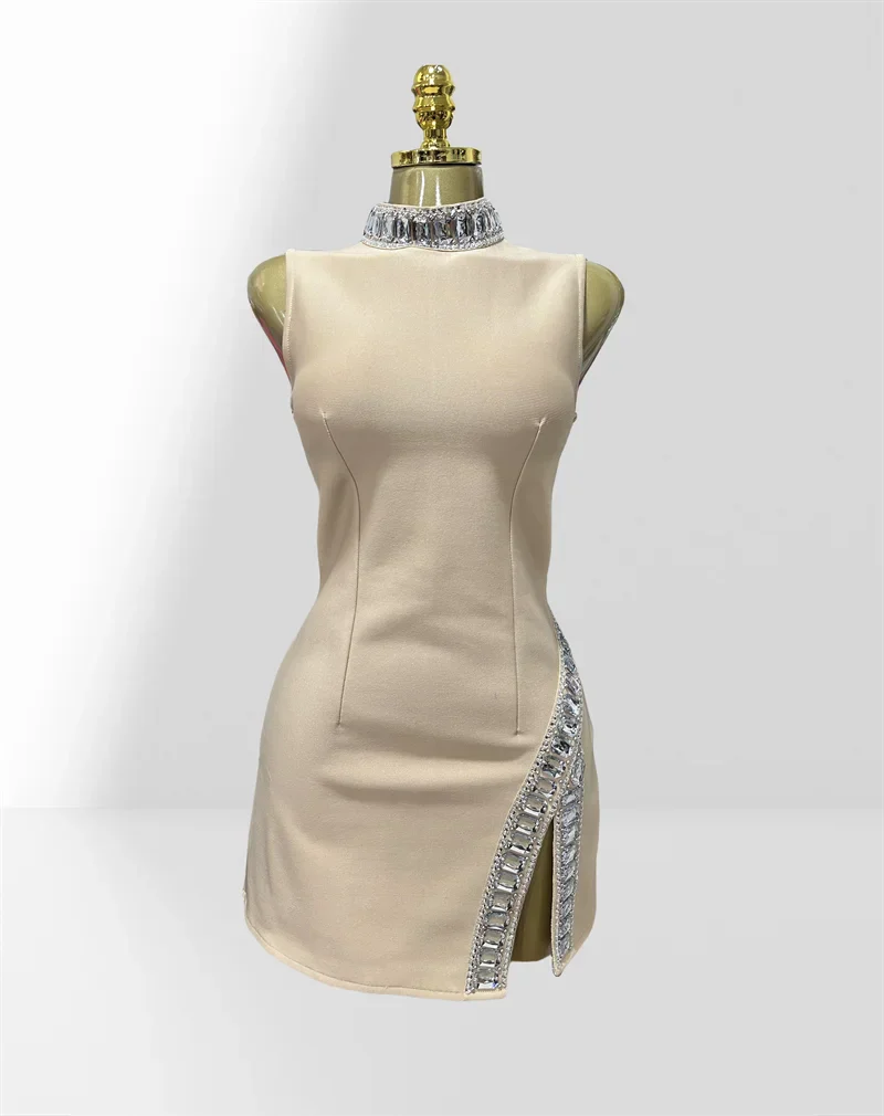 Summer Super shining Diamonds O-neck Sleeveless Bandage Mini Dress Fashion Woman Birthday Party Dress Music Festival Outfit Beige