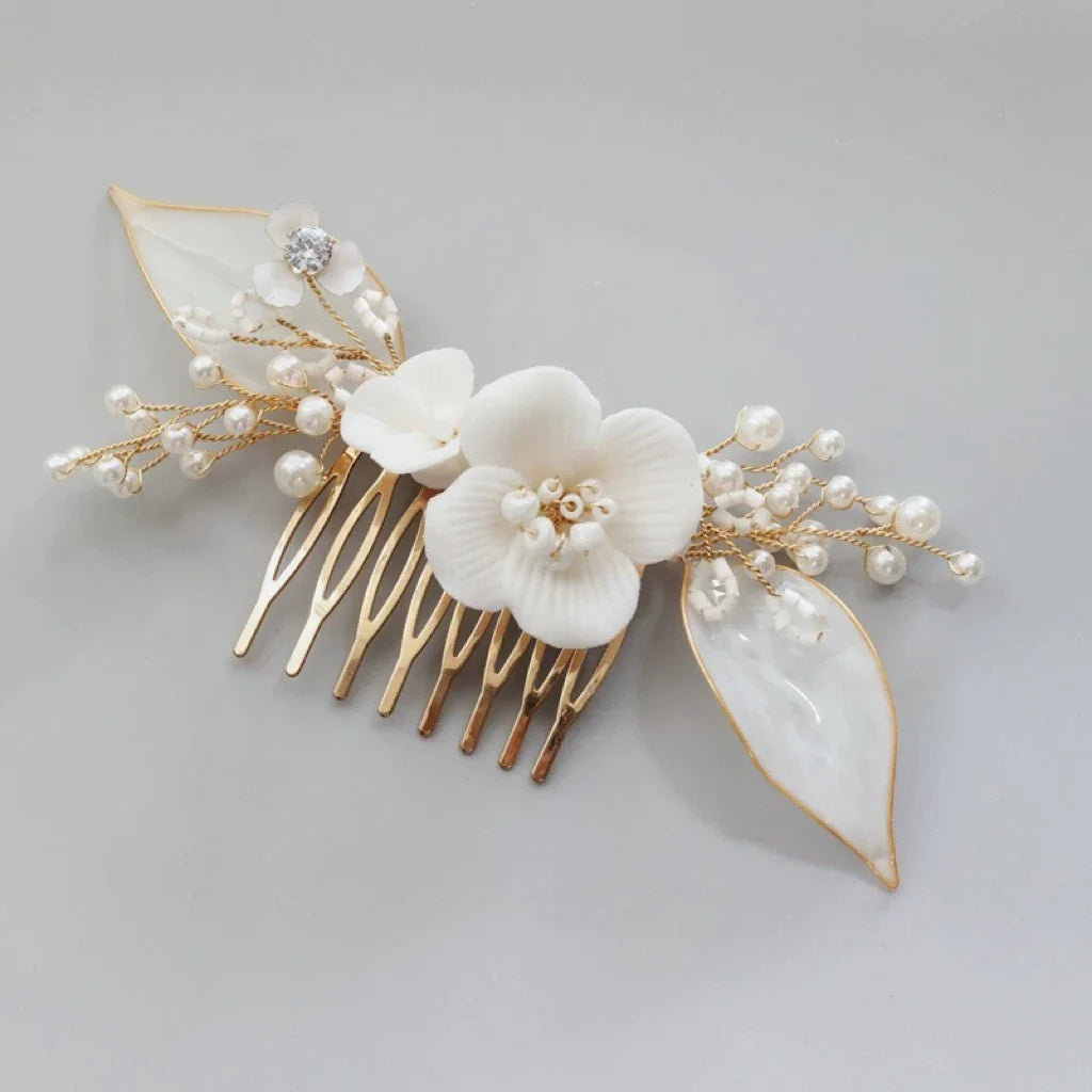 Bridal Jewelry Porcelain Flower Hairpin Gold Color Head Piece For Bridesmaids Bride Pearl Hair Comb Pin Clip Wedding Accessories a