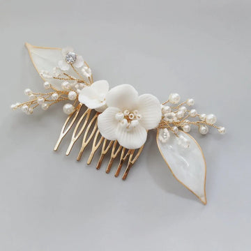 Bridal Jewelry Porcelain Flower Hairpin Gold Color Head Piece For Bridesmaids Bride Pearl Hair Comb Pin Clip Wedding Accessories a