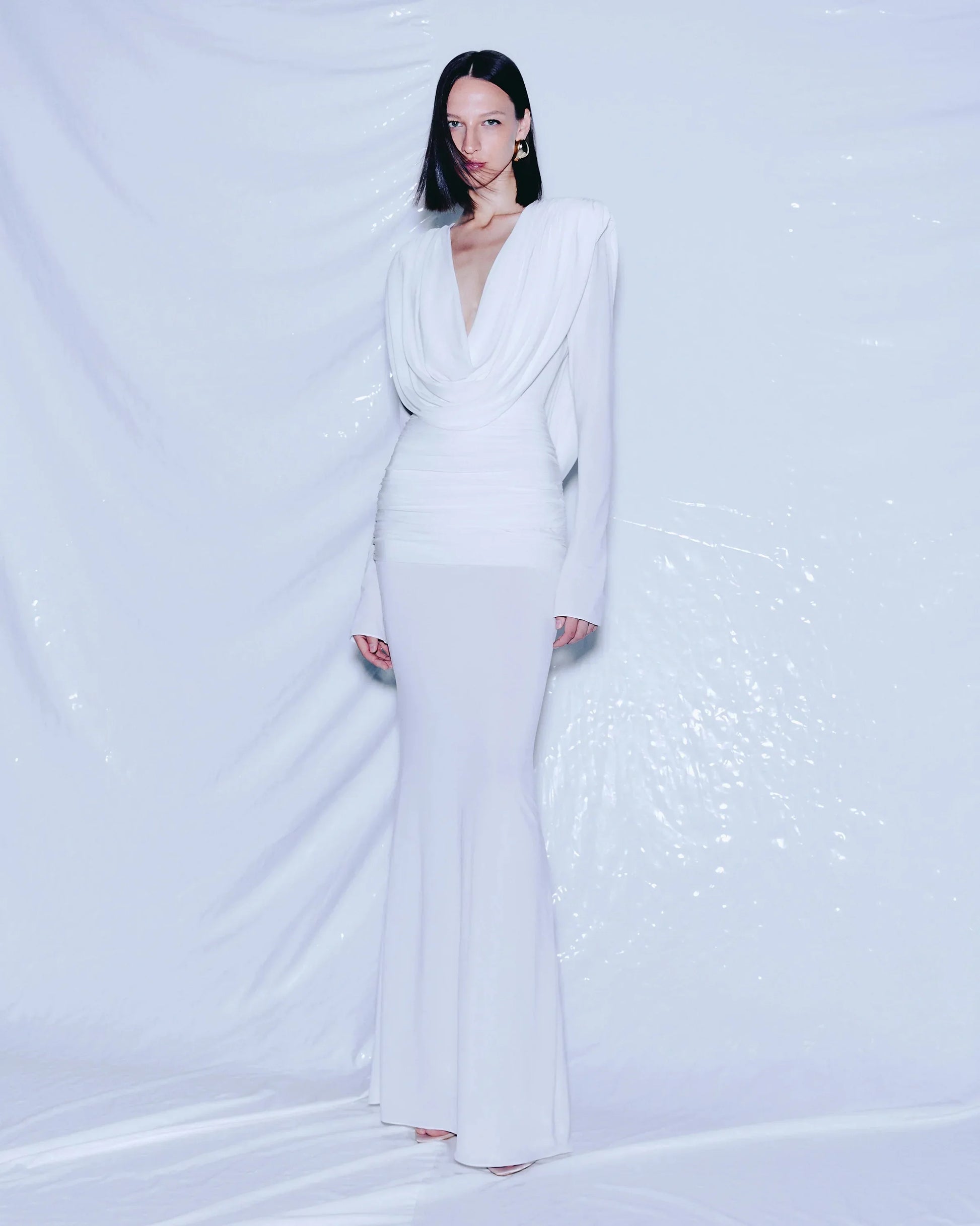 White Color Women Long Sleeve Sexy V-Neck Draped Bodycon Long Dress Fashion Celebrate Evening Party Birthday Outfit WHITE