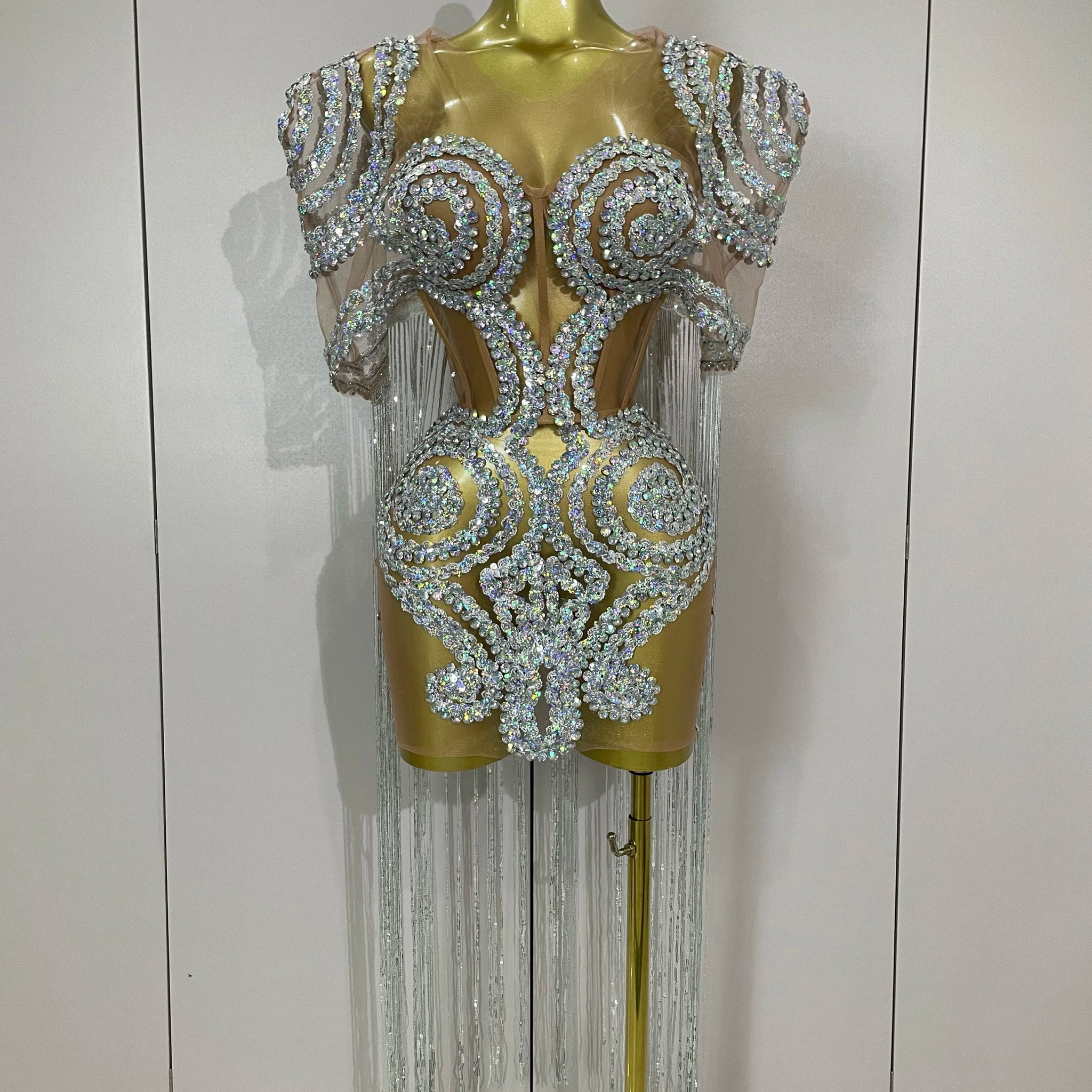 Sparkly Rhinestones Sequins Sexy Mesh Tassels Cape Short Dress Women Evening Birthday Party Nightclub Stage Costume Silver