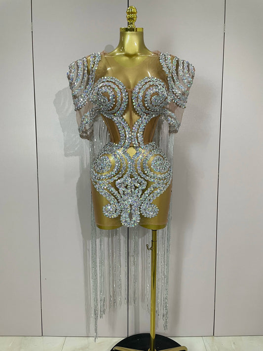 Sparkly Rhinestones Sequins Sexy Mesh Tassels Cape Short Dress Women Evening Birthday Party Nightclub Stage Costume Silver