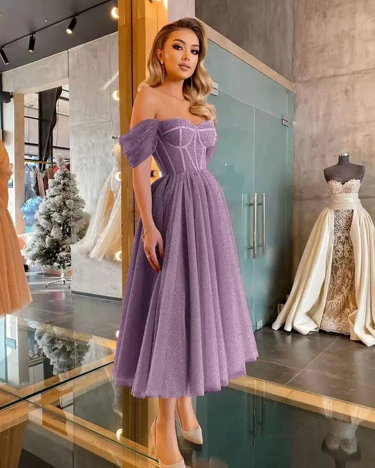 Glitter Sequin Tulle Prom Dress Off The Shoulder Pleat Ruched Princess Homecoming Dresses vestidos de graduación