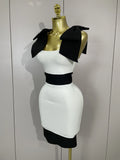 Sexy Bow Tie Black White Patchwork Bodycon Bandage Dress Women Celebrity Elegant Evening Club Party Birthday Dresses