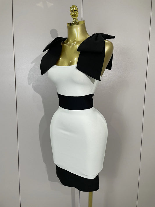 Sexy Bow Tie Black White Patchwork Bodycon Bandage Dress Women Celebrity Elegant Evening Club Party Birthday Dresses