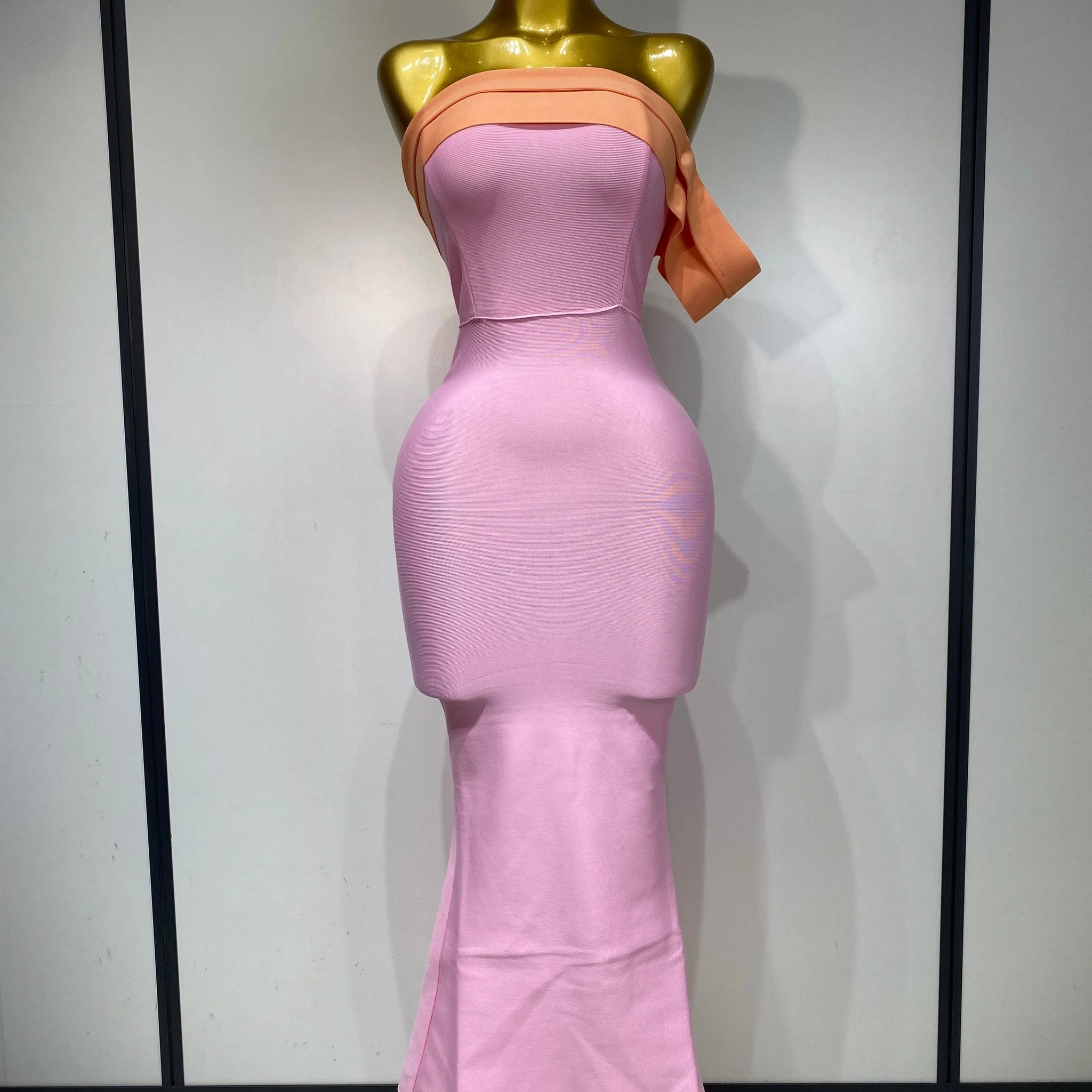 Women Sexy One Shoulder Color Block Bodycon Bandage Dress Celebrity Elegant Evening Club Luxury Birthday Party Outfit Pink