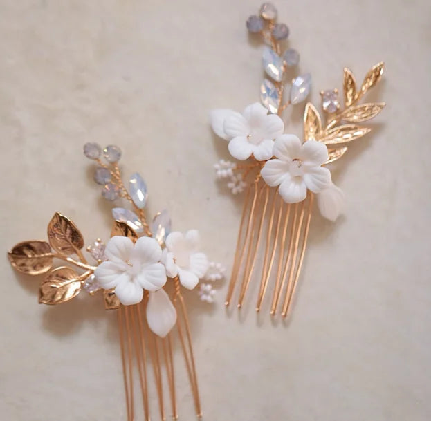Porcelain Flower Hair Comb Pin Clip Leaf Head Piece For Brides Bridesmaids Crystal Hairpins Wedding Accessories Bridal Jewelry e