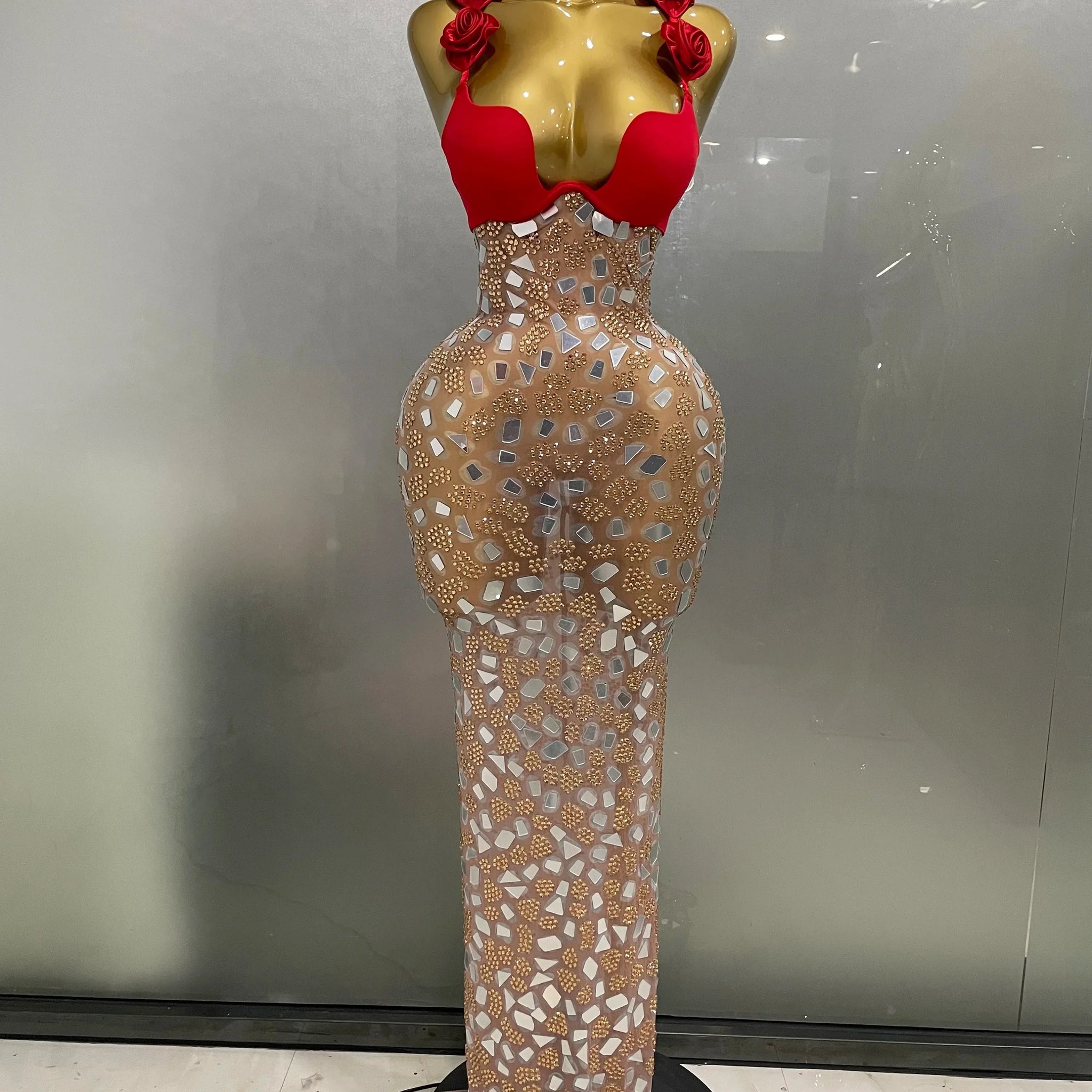 Sexy Sparkly Rhinestones Mesh Mirrors Red Roses Long Dress Women Elegant Evening Party Club Stage performance Costume Red