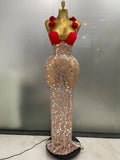 Sexy Sparkly Rhinestones Mesh Mirrors Red Roses Long Dress Women Elegant Evening Party Club Stage performance Costume Red