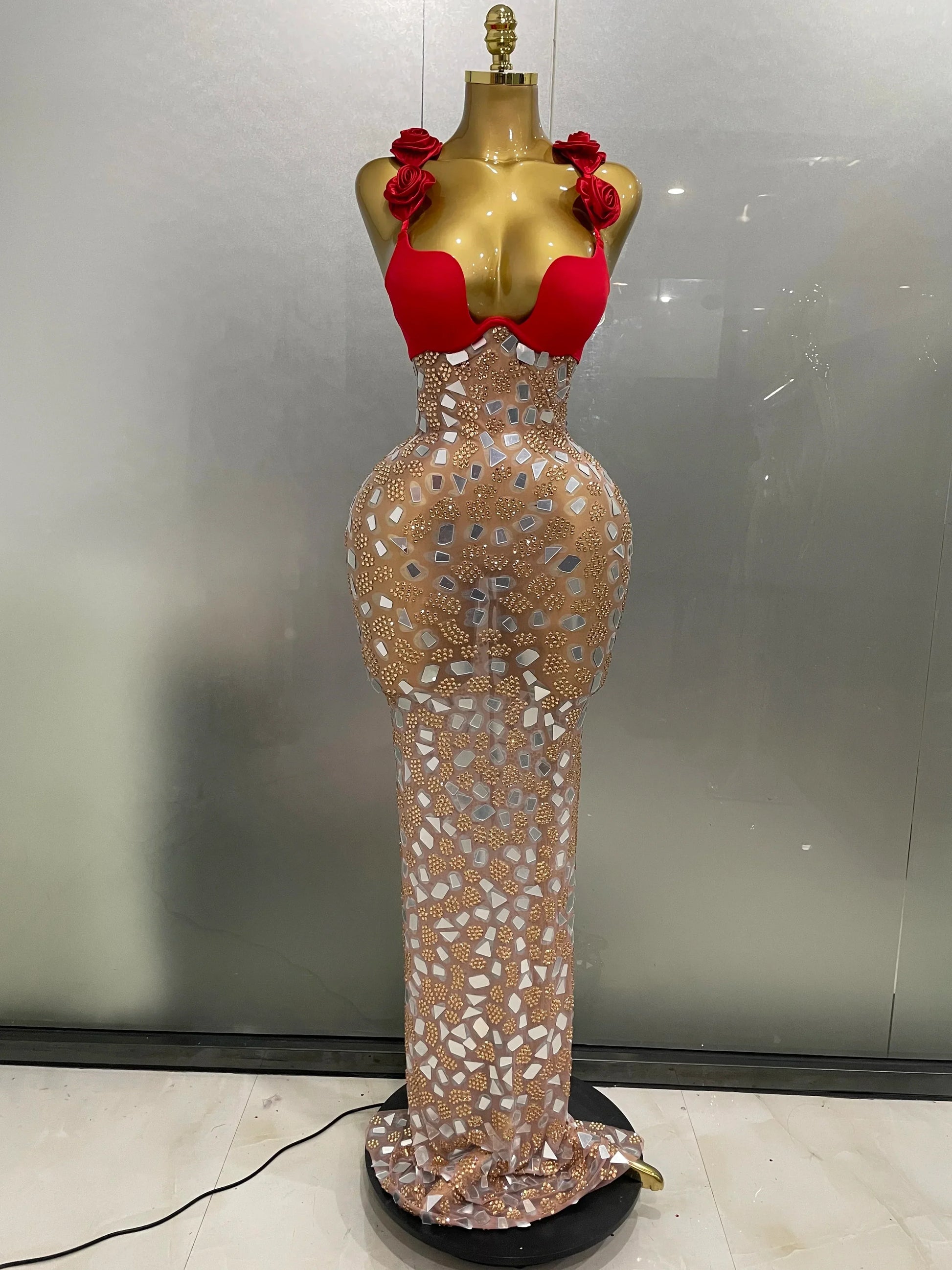 Sexy Sparkly Rhinestones Mesh Mirrors Red Roses Long Dress Women Elegant Evening Party Club Stage performance Costume Red